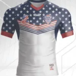 Front view of the white USA Hawks replica jersey with stars-and-stripes shoulders and red, white and blue chevrons